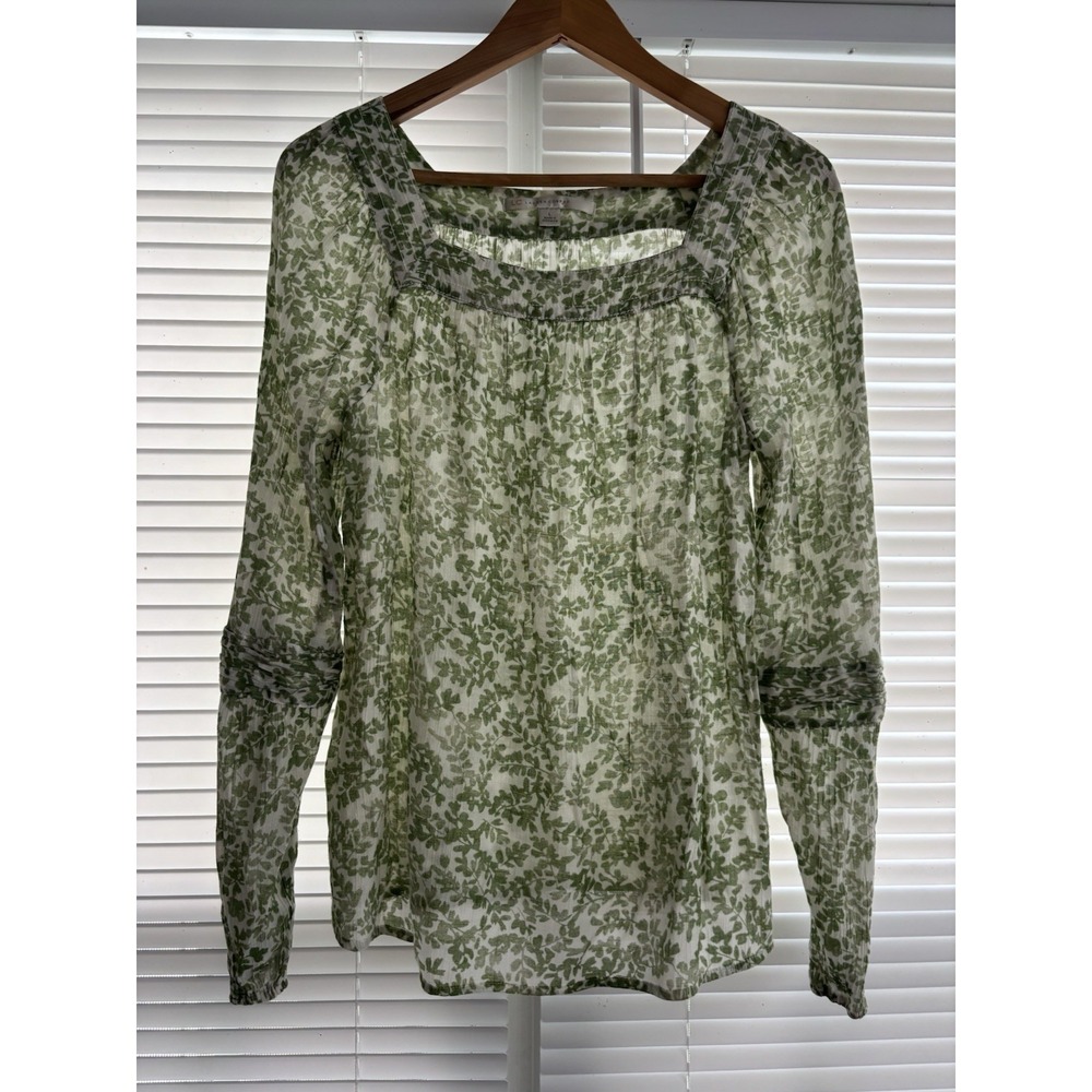 Lauren Conrad Women's L Square Neck Pintuck Peasant Blouse Green Floral Sheer - Picture 2 of 10
